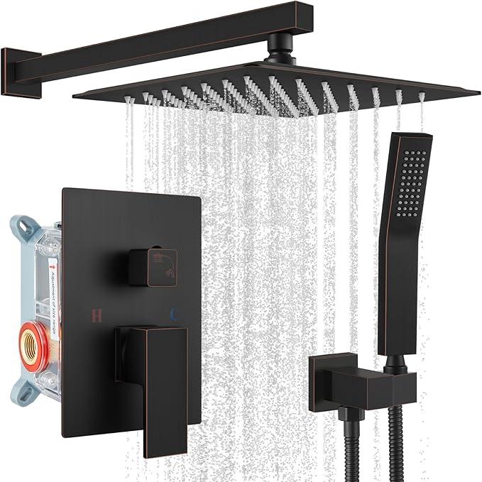 gotonovo Rainfall Bathroom Shower System Rain Shower Head and Handle Set Wall Mounted Shower Complete Combo Solid Brass Pressure Balancing Shower Mixer Valve 10 Inch Oil Rubbed Bronze - ModernBath