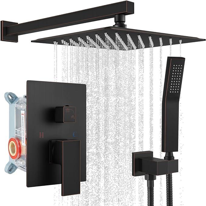 gotonovo Rainfall Bathroom Shower System Rain Shower Head and Handle Set Wall Mounted Shower Complete Combo Solid Brass Pressure Balancing Shower Mixer Valve 12 Inch Oil Rubbed Bronze - ModernBath