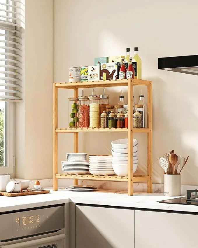 SONGMICS Bamboo Storage Shelf, 3-Tier Shelving Unit, Multifunctional, in The Entryway, Bathroom, Living Room, Balcony, Kitchen, 10.2 x 23.6 x 26 Inches, Light Bamboo UBCB33Y - ModernBath