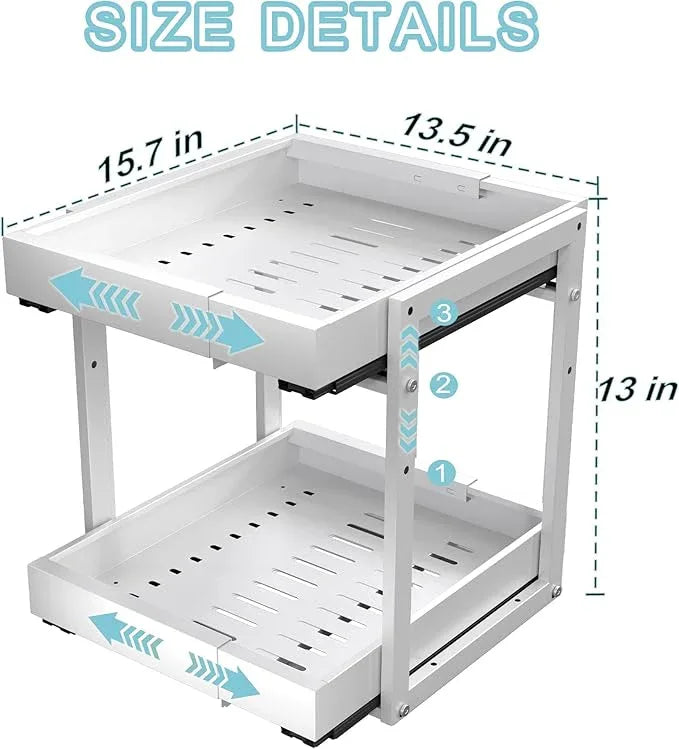 Golener 2-Tier Expandable Pull Out Cabinet Organizer - Slide Out Drawers for Kitchen Cabinets, Bathroom Organizers and Storage, Under Sink Organizer for Kitchen Storage Organization, White Metal Frame - ModernBath