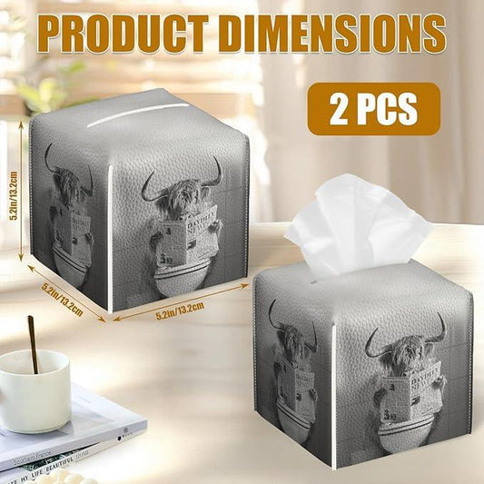 Funny Highland CowTissue Box Cover 2PCS, Leather Tissue Box Holder Square Facial Paper Case Tissue Box Cube Organizer for Bathroom Bedroom Desk Office - ModernBath