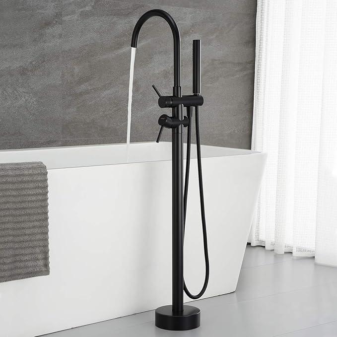 Freestanding Tub Filler Bathtub Faucet Black Floor Mount Brass Bathroom Faucets with Hand Shower - ModernBath