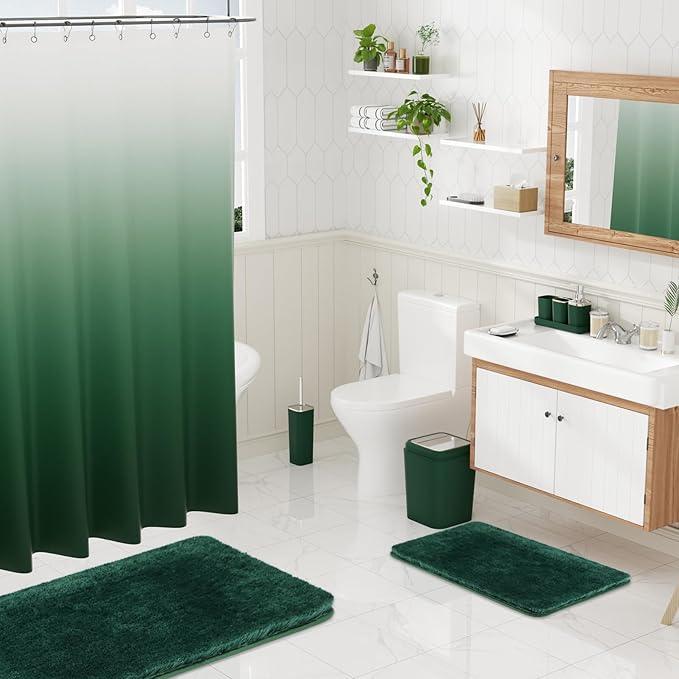 XLHOMO Dark Green Bathroom Accessories Set with Shower Curtain and No-Slip Bath Rugs,24PC Bath Sets with Trash Can, Toothbrush Holder, Cup, Soap Dispenser, Tray, Soap Dish, Toilet Brush, Qtip Holders - ModernBath