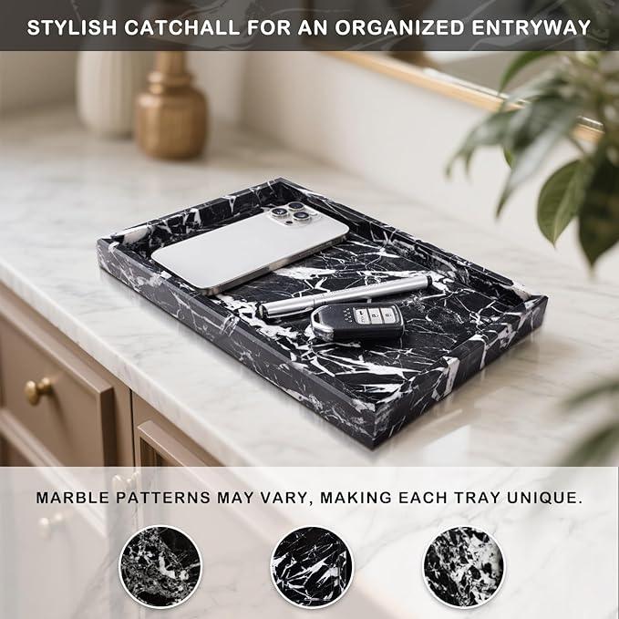 Homaura Marble Bathroom Tray for Countertop & Home Decor, Natural Decorative Marble Tray for Jewelry & Perfume Organizer, Luxury Stone Vanity Trays for Dresser, Kitchen Counter, 12" x 8", Black - ModernBath