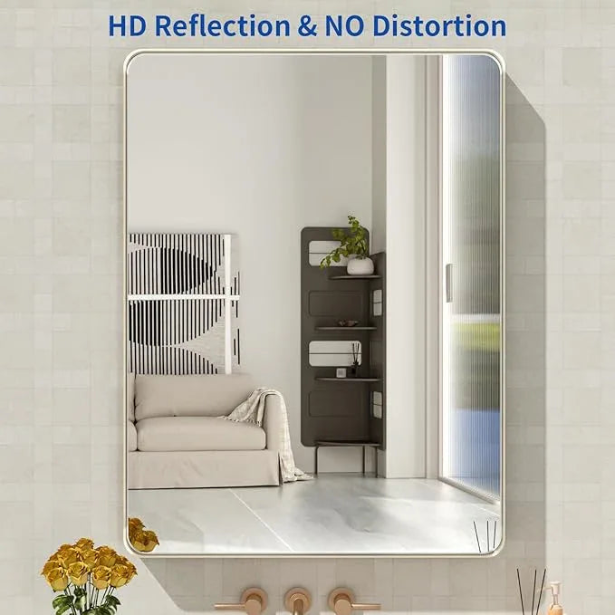 WEER 24X32 Inch Brushed Nickel Bathroom Mirror, Brushed Silver Metal Frame Mirror, Rounded Rectangle Silver Bathroom Vanity Mirror, Tempered Glass, Anti-Rust, Hangs Horizontally or Vertically - ModernBath