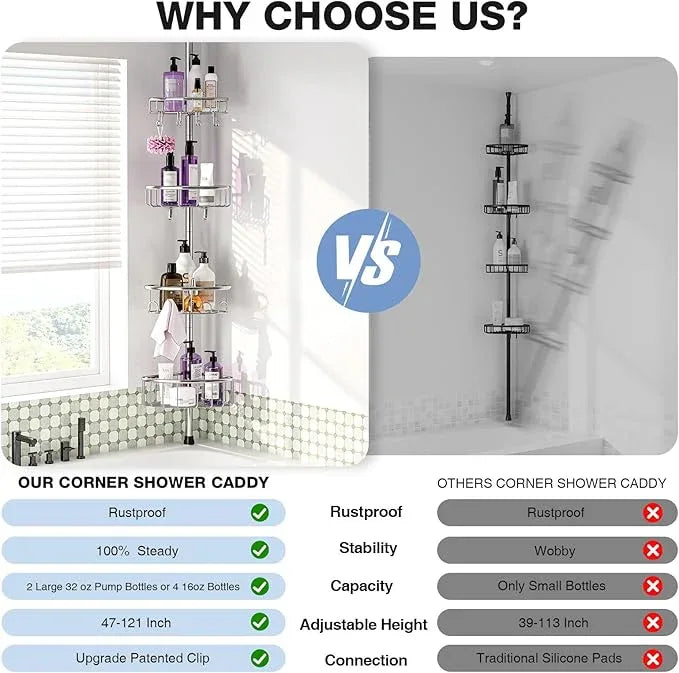 Corner Shower Caddy Tension Pole: Stainless Steel Rustproof 4-Tier Shower Organizer - 47-121 inch Adjustable Bathroom Shelves for Bathtub Shampoo Storage - Tension Rod Floor Standing Bath Rack -Silver - ModernBath