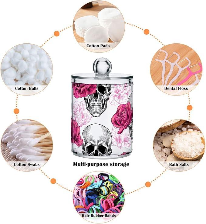 BOENLE 2 Pack Qtip Holder Dispenser Skull Rose Flower Bathroom Storage Canister Lid Acrylic Plastic Apothecary Jar Set Vanity Makeup Organizer for Cotton Swab/Ball/Round Pads, Floss - ModernBath