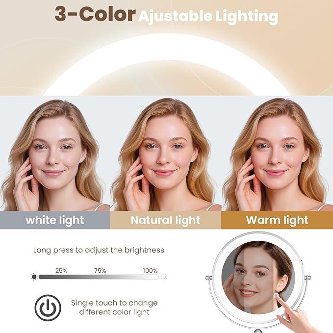 9" Wall Mounted LED Lighted Makeup Vanity Mirror - 4000mAh Rechargeable Double Sided 1X/30X Magnifying Mirror, 3 Color Lights Touch Dimmable, Height Adjustable Extended Arm 360° Swivel Bathroom Mirror - ModernBath