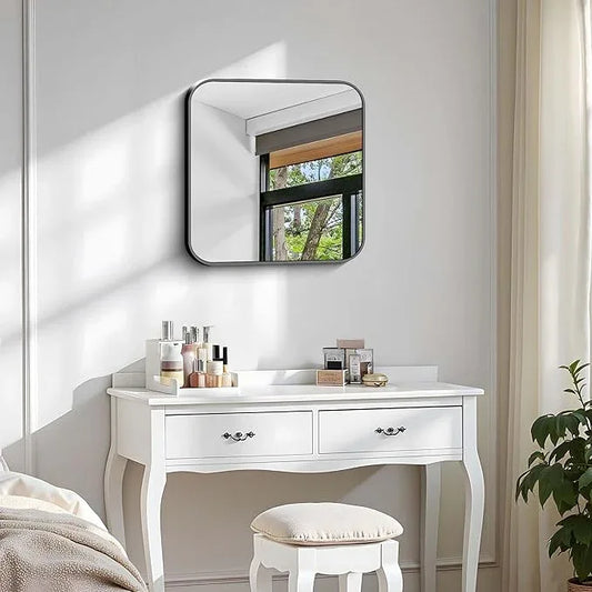 CIVENO Black Bathroom Mirror, 18 x 18 inch Square Mirrors for Wall, Metal Frame Rounded Corner Vanity Mirror for Over Sinks Modern Bedroom Living Room Horizontal Or Vertical Mounting - ModernBath