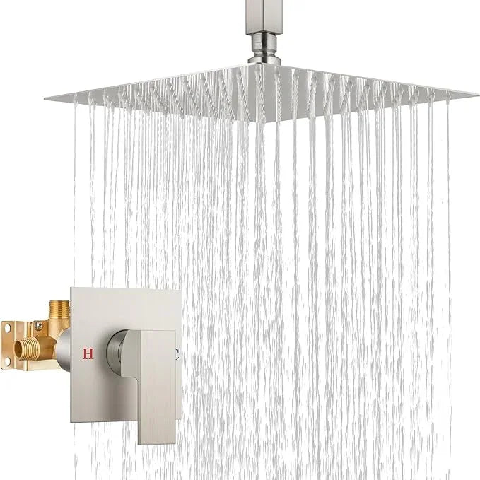 Airuida Shower Faucet Set and Handle Set Single Function Shower Trim Kit Ceiling Mount Rainfall Shower System with Male Threads and Rough-in Valve 12 Inch Square Shower Head Brushed Nickel - ModernBath