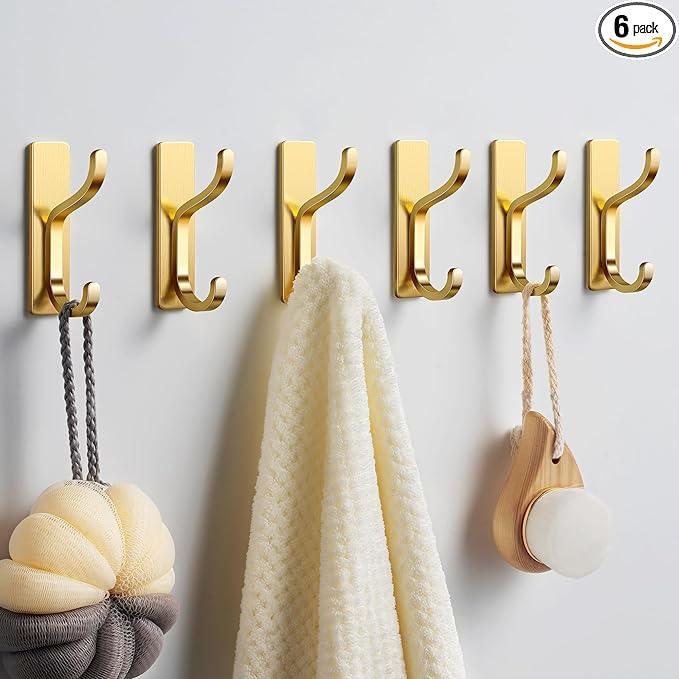 pickpiff Adhesive Wall Coat Hooks - Heavy Duty Stick-On Door Hanger, Metal Hook for Hanging Towel,Purse, Robe, Backpack, Jacket, Clothes - for Bathroom,Dorm, Closet, Kitchen - Gold, 6 Pack - ModernBath