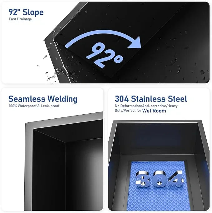 Stainless Steel Shower Niche Matte Black 8"×24" with 2-Tiers Shelf No Tiled Needed Niche Shower for Bathroom Wall Storage Recessed Metal Shower Shelf Over-Mounted Installation - ModernBath