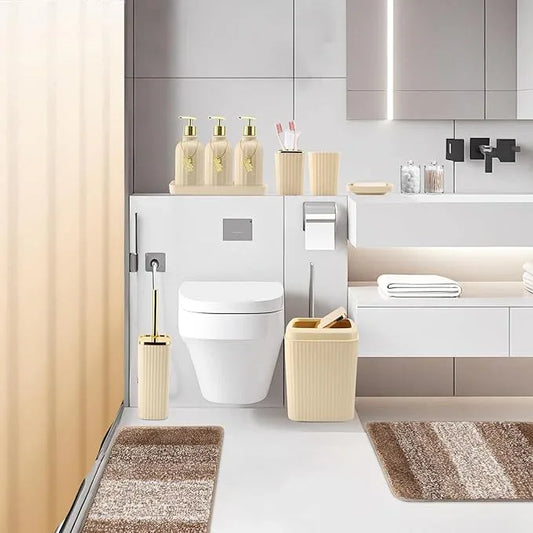 WSBArt 32PCS Bathroom Set Bathroom Sets with Shower Curtain and Rugs Beige Bathroom Accessories,Shower Curtain Set,Bathroom Rug Set with Bathroom Trash Can - ModernBath