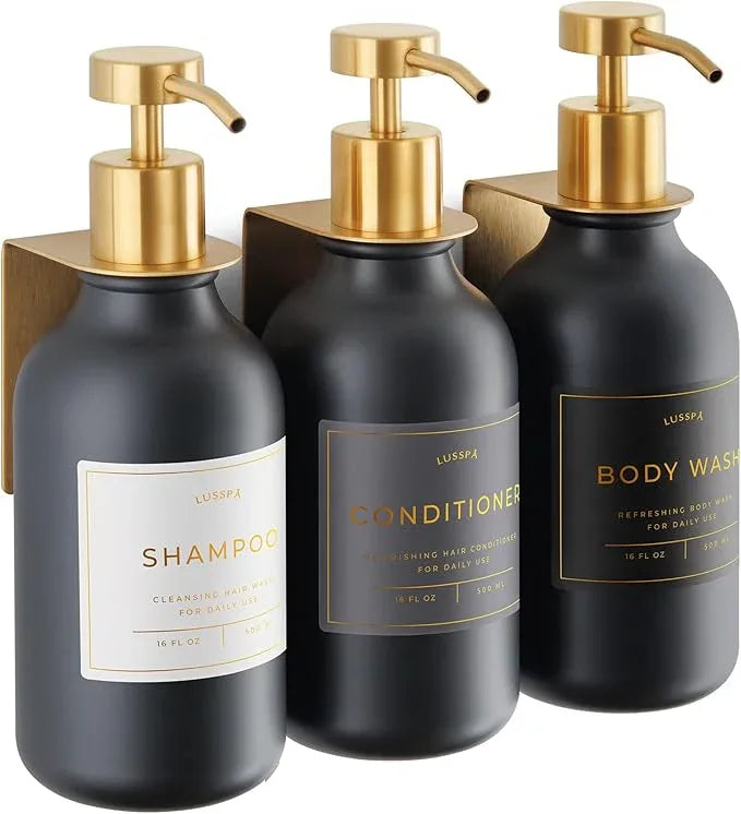 Shampoo & Conditioner Dispenser - Shower Soap Dispenser Wall Mounted - Set of 3 16.9 Oz Plastic Bottles with Pump & Holder - Shampoo Dispenser - Shower Dispenser Chamber No Drill (3 X Black/Gold) - ModernBath