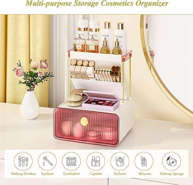 FOLLOWIN Bathroom Organizers and Storage with Drawer,Vanity Storage Organizer with Makeup Brushes Holder, Perfume Lotion Cosmetic Organizer,Blush Pink - ModernBath