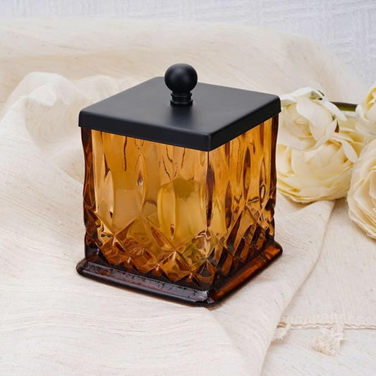 ZIVQEXMURL Qtip Holder,15Oz Amber Glass Apothecary Jars with Matte Black Lids for Bathroom Organization & Desk Storage,Thick Glass Apothecary Jars for Q-Tips,Cotton Rounds,Jewelry,Candy,Square