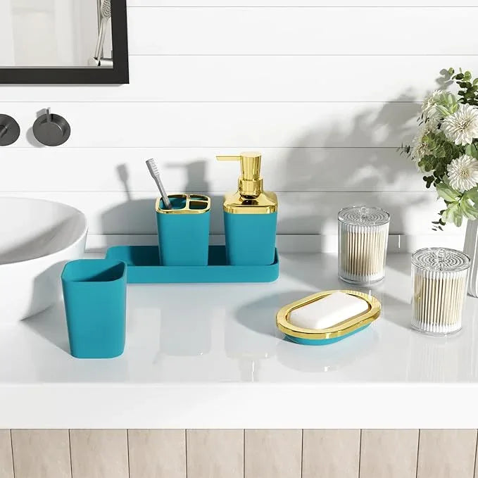 XLHOMO Bathroom Accessories Set - 25PC Bathroom Set with Shower Curtain and Rugs, Teal Blue Bathroom Set, Bathroom Accessory Set with Press-on Lid Trash Can, Soap Dispenser and Qtip Holders - ModernBath