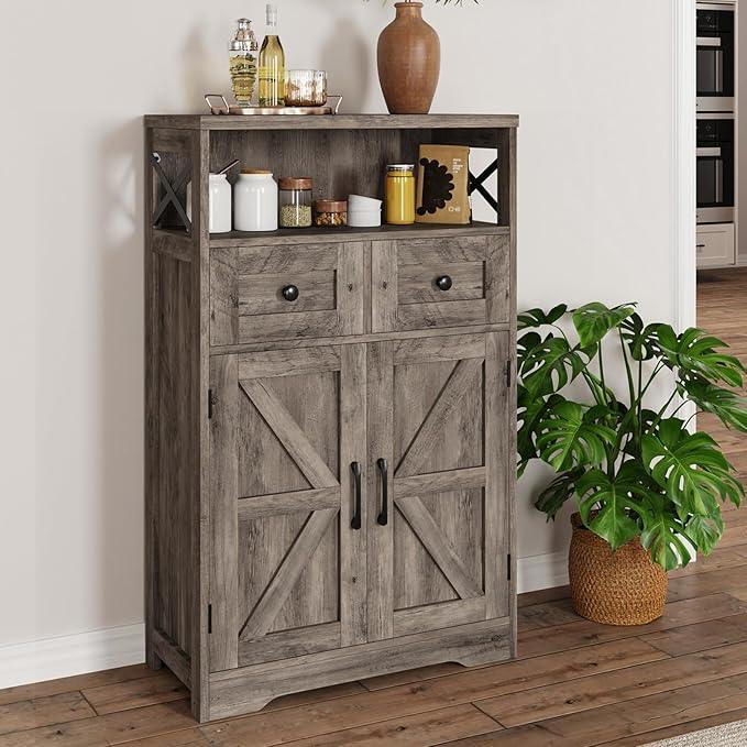 Farmhouse Storage Cabinet with Barn Doors and Open Shelf, Kitchen Pantry with Storage, Coffee Bar Station, Freestanding Cupboard Hutch Cabinet for Kitchen, Dinning Room, Livingroom, Grey - ModernBath