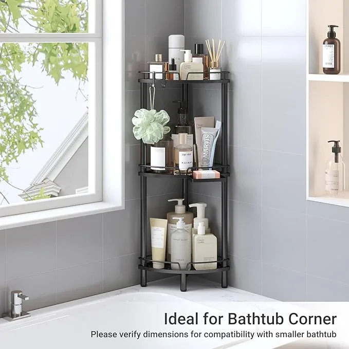 ELYKEN Corner Shower Caddy Standing, 3 Tier Rustproof Metal Shower Organizer with Soap Holder, Floor Shower Corner Shelf Rack Storage Stands with Adjustable Feet & 2 Hooks for Bathroom, Black - ModernBath