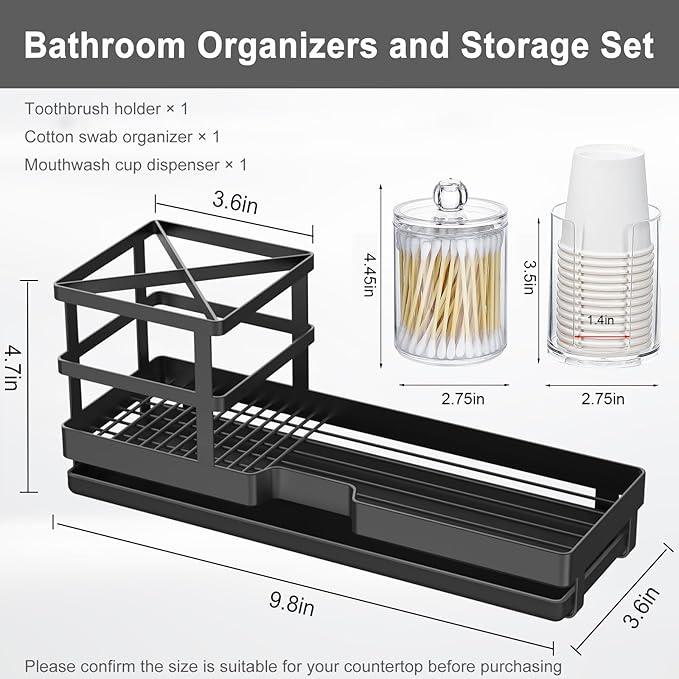 MYITYARD Toothbrush Holders for Bathrooms, Cotton Swabs & Cups Dispenser Set - Metal Electric Tooth Brushing & Toothpaste Countertop Organizer with Drainage for Shower, Sink - Black - ModernBath