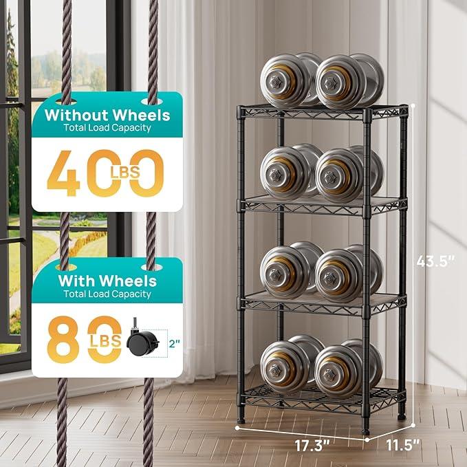 SINGAYE 4 Small Shelves Storage Shelf Wire Shelving Unit Metal Shelf Adjustable Organizers Storage Shelving with Wheels for Bathroom Laundry Room Kitchen Pantry11.5”D x 17.3”W x 44.5”H Black - ModernBath