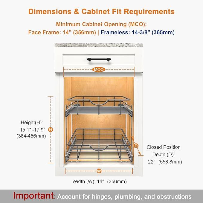 ALINE FURNITURE 2-Tier Pull Out Cabinet Organizer - 14" W x 22" D Soft Close Pullout Shelves with Shelf Liners - Slide Out Drawers for Kitchen Cabinets, Pantry, Bathroom, Heavy Duty Steel Wire Baskets - ModernBath