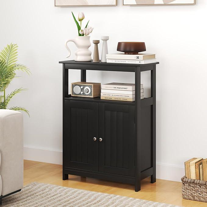 GOFLAME Bathroom Cabinet, Floor Storage Organizer with 2 Doors, 2 Open Shelves, 3-Level Adjustable Shelf, Modern Storage Unit for Laundry Room, Entryway, Living Room, Black - ModernBath