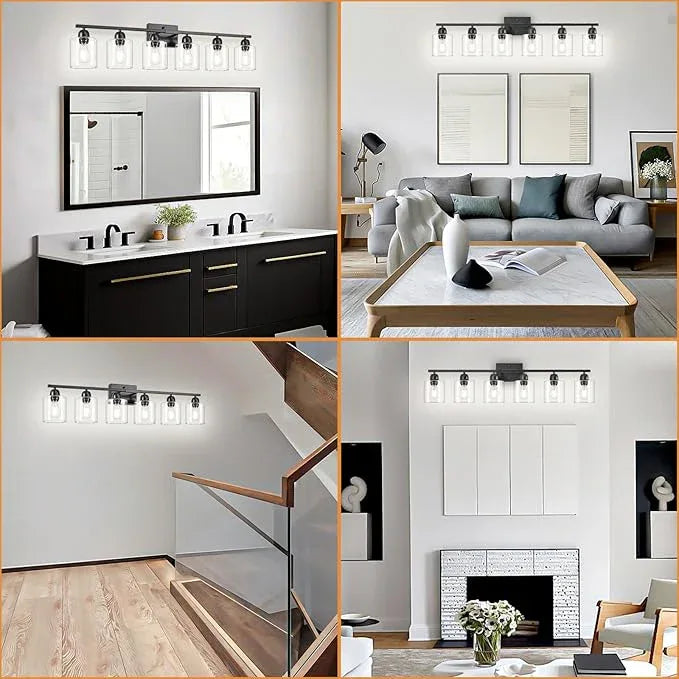 Bath Vanity Lights For Mirror, Restroom Lights Fixtures With Milky White Frosted Glass Shades,Bathroom Over Sink Light Fixtures, Bathroom Light Fixtures Over Mirror (Black with clear glass, 6-Light) - ModernBath