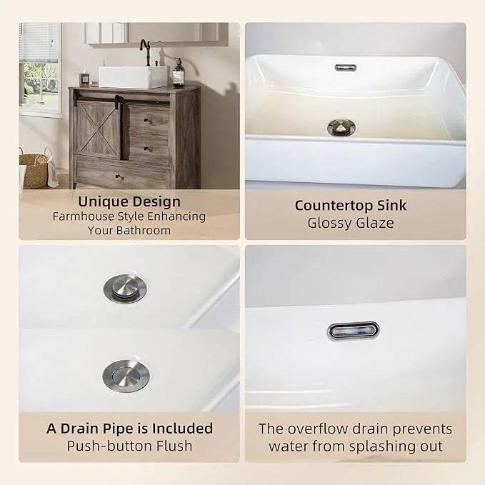 VNN Bathroom Vanity with Sink - 36 Inch Bathroom Vanity with Sink Ceramic, Freestanding Cabinet with Farmhouse Sliding Barn Door and 3 Drawers, Space-Saving Storage Cabinet, Wood Grain Texture, Grey - ModernBath