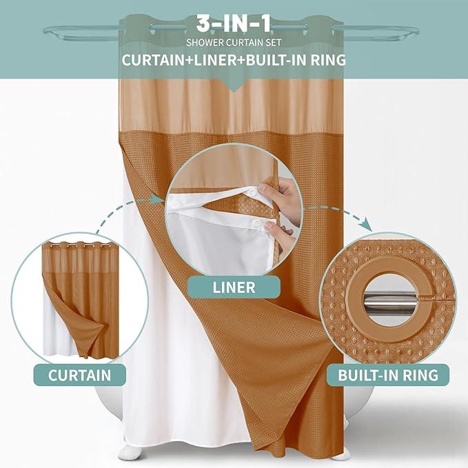 eachope BurntOrange No Hook Waffle Weave Shower Curtain with snap-in Liner Replacement, 230GSM Waterproof Fabric Hotel Shower Curtain Set for Bathroom, Through Mesh Top Window,54Wx80H - ModernBath