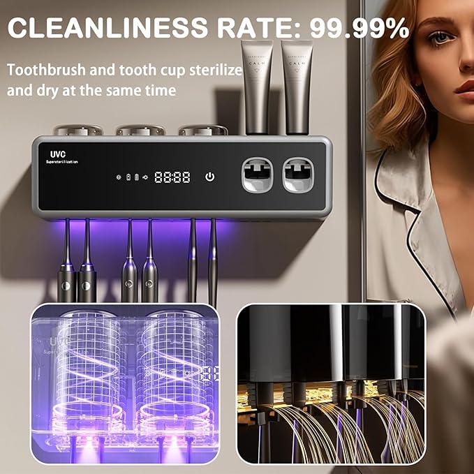 POPZJXDM Toothbrush Holders for Bathrooms,Electric Toothbrush Holder Wall Mounted - 6 Brush/3 Cup,Automatic Toothpaste Dispenser & Hot Dry,Smart Cleaning,Bathroom Storage Upgrade (Black) - ModernBath