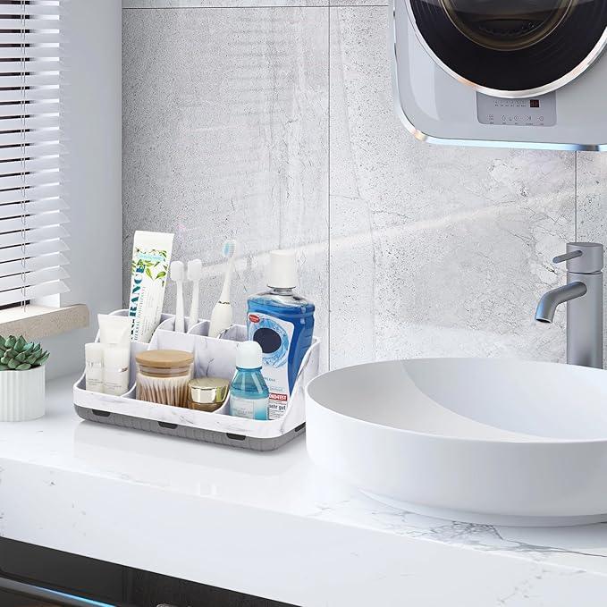 GFWARE Marble Bathroom Countertop Organizer - Detachable 7 Slots Kids Electric Toothbrush and Toothpaste Holde Drainage for Bathroom Accessories Organization Counter Vanity Storage, Grey - ModernBath