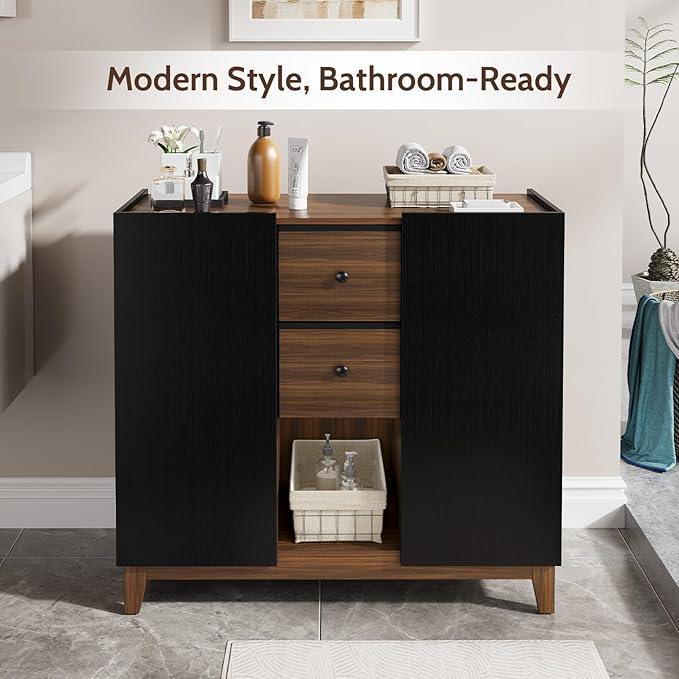 Bathroom Storage Cabinets with Drawers and Doors, Kitchen Storage Cabinet with Adjustable Shelf, Floor Sideboard Buffet Cabinet for Living Room, Kitchen, Hallway, Dining Room, Black Walnut - ModernBath