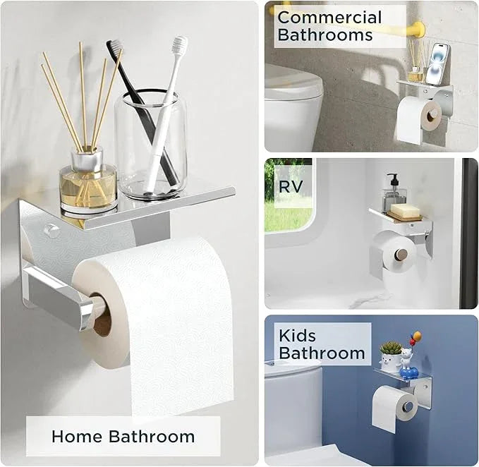 FORIOUS Toilet Paper Holder with Shelf, Adhesive or Screw Wall Mount Toilet Roll Holder for Bathroom, Rustproof 304 Stainless Steel Commercial Toilet Tissue Holder with Phone Shelf, Chrome - ModernBath