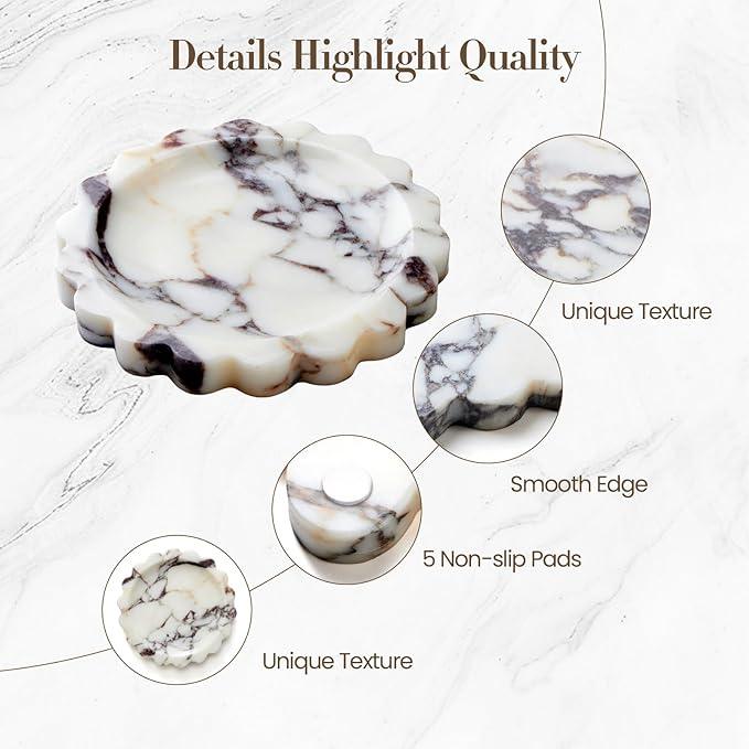 SAMAH Calacatta Viola Scalloped Marble Tray, Natural Marble Jewelry Dish, Luxury Decorative Trays for Bathroom, Vanity, Dresser, Kitchen & Home Decor, House Warming Gifts New Home (Round, 6.3Inch) - ModernBath