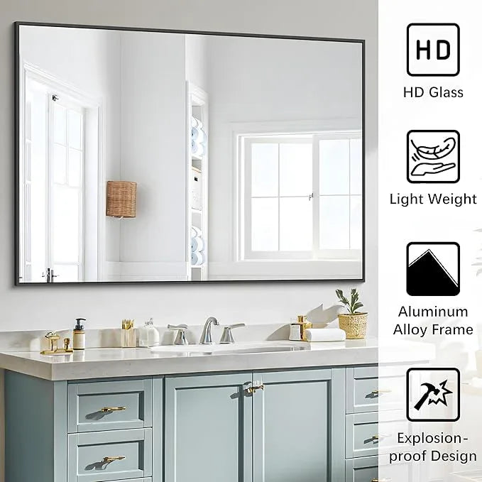COFENY Black Bathroom Mirror, 48"X36" Rectangle Mirrors for Wall Metal Frame, Modern Vanity Wall Mirror for Bathroom Living Room, Entryway Hangs Horizontal or Vertical - ModernBath