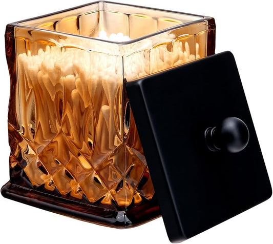 ZIVQEXMURL Qtip Holder,15Oz Amber Glass Apothecary Jars with Matte Black Lids for Bathroom Organization & Desk Storage,Thick Glass Apothecary Jars for Q-Tips,Cotton Rounds,Jewelry,Candy,Square