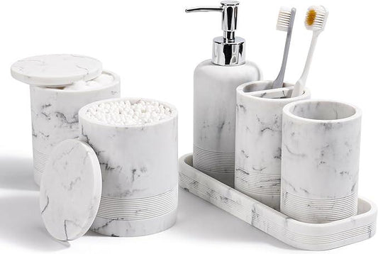Bathroom Accessories Set, 6-Piece Bathroom Accessory Set, Toothbrush Holders Set, Soap Dispenser, Vanity Tray, Tumbler, Cotton Swab Jars, Bathroom Organizer for Modern Bathrooms (Marble White) - ModernBath