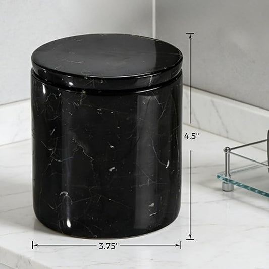 Black Marble Canister with Lid, Natural Marble Bathroom Qtip Holder Storage, 3.75 Inch Dia x 4.5 Inch Ht High Capacity Damp Proof Container for Cotton Swabs, Jewery