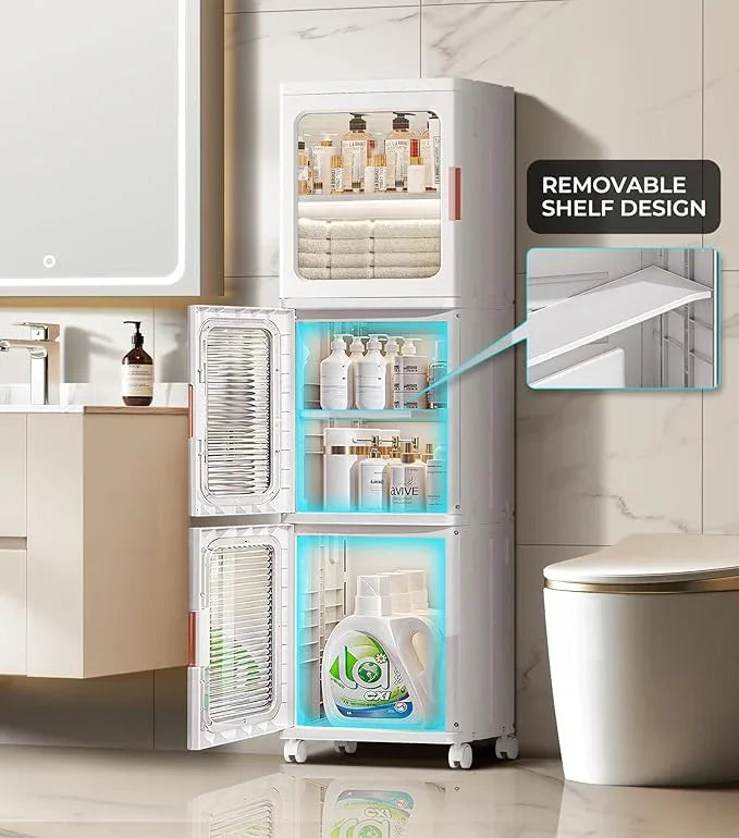 3-Tier Slim Narrow Bathroom Storage Cabinet with Movable Wheels and Adjustable Shelves Plastic Cabinets with Doors Foldable Small Spaces Organizers for Kitchen Laundry Bedroom Pantry,White - ModernBath