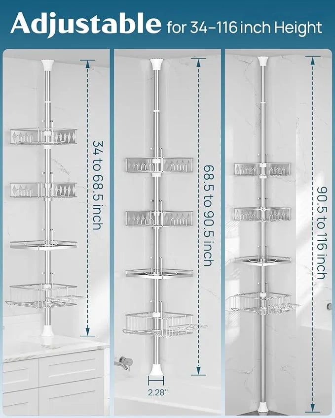 SElRIONE Corner Shower Caddy Tension Pole, Quick Setup, Rust-Free Bathroom Shower Organizer Corner for Bathtub Shampoo Storage, 4-Tier Adjustable Shelf, Drill Free, Fits 34 to 116 Inch Height - ModernBath