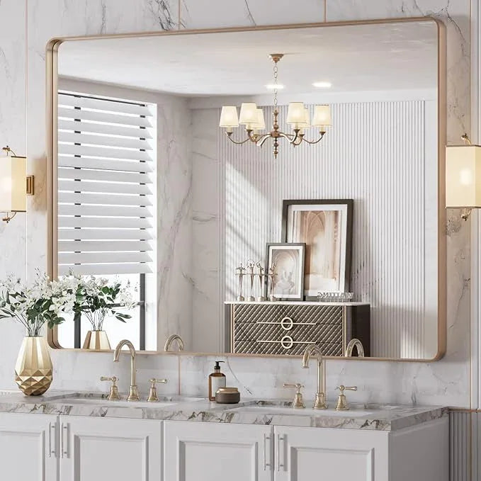 LOAAO 48”X36” Gold Bathroom Mirror, Rounded Rectangle Gold Frame Mirror, Brushed Gold Bathroom Vanity Mirror Wall-Mounted, Anti-Rust, Tempered Glass, Hangs Horizontally or Vertically - ModernBath