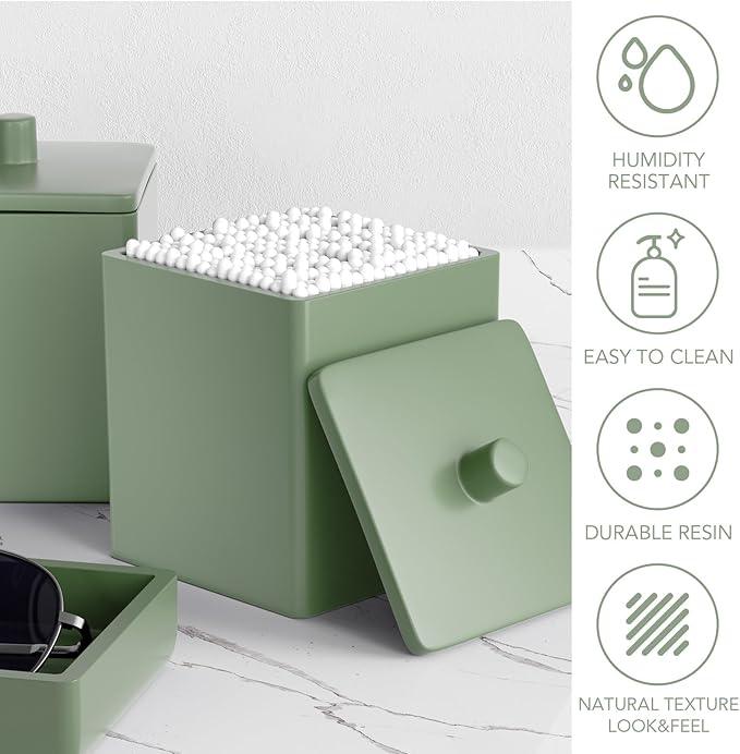 Sage Green Bathroom Accessories Set Resin 6PCS, Square Toothbrush Holders Set Complete with Soap Dispenser, Vanity Tray, Tumbler, Cups and Cotton Swab Jars for Counter, Sink or Small Spaces - ModernBath