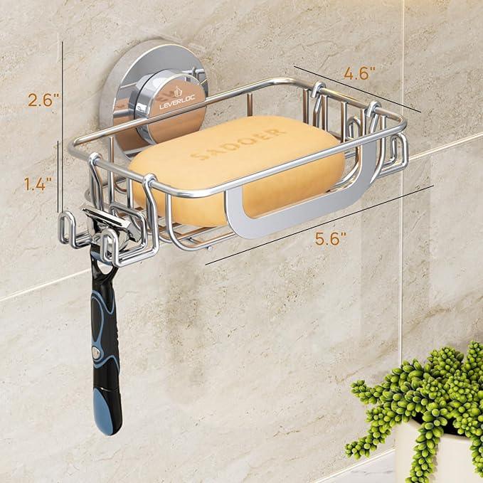LEVERLOC Bar Soap Holder Dish with Hooks, Soap Tray Suction Cup Wall Mounted for Shower, Stainless Steel Sponge Holder Caddy for Bathroom Kitchen Sink Organizer, Rustproof, Silver - ModernBath