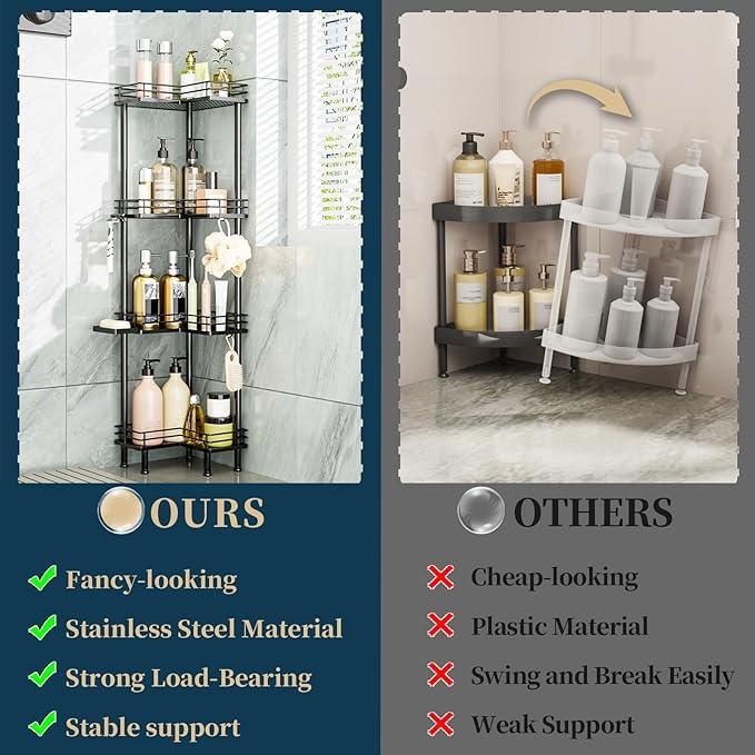 Consumest Corner Shower Caddy Standing - 4-Tier Stainless Steel Shower Organizer with Soap Holder and 4 Hooks, Large Capacity Corner Shelf Stand for Bathroom, Rest Room, Black - ModernBath