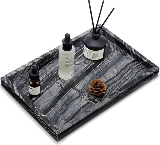Zilukar Real Natural Marble Tray for Bathroom, Vanity, Kitchen and Desktop, Rectangle Genuine Marble Stone Tray for Jewelry, Cosmetics, Candles, Lotion, Perfume and Home Decor Wood Grain - ModernBath