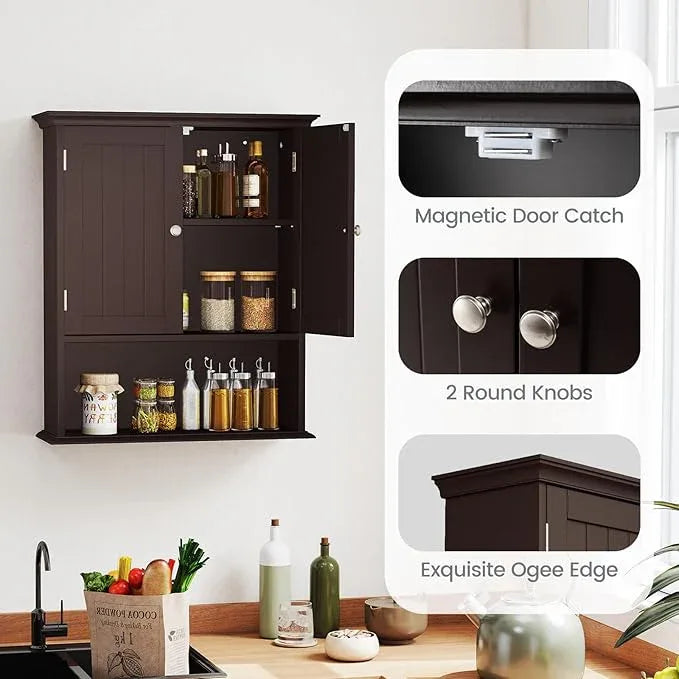Tangkula Bathroom Wall Cabinet, Wooden Hanging Storage Cabinet with Doors & Shelves, Multipurpose Storage Cabinet for Restroom Kitchen Living Room, Wall Mounted Bathroom Medicine Cabinet (Brown) - ModernBath