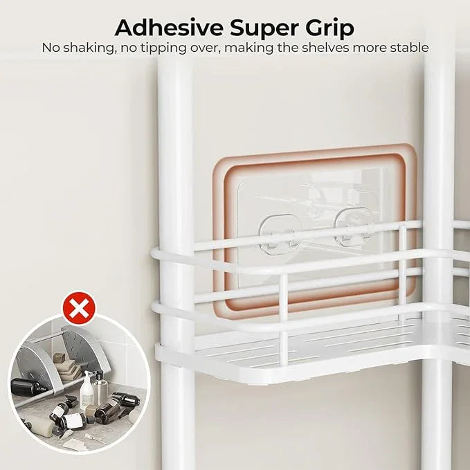 Orimade Rustproof 2 Tier Floor Standing Corner Shower Caddy Organizer with Toothbrush Holder, Large Spacing Floor Shower Shelf Rack Storage Stands with Hooks for Bathroom Kitchen, White - ModernBath