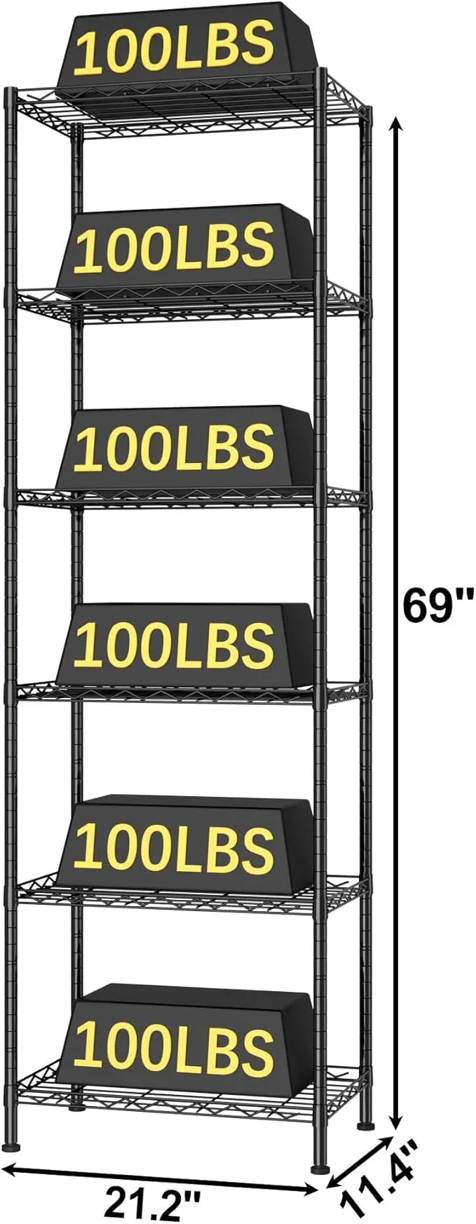 HOMEFORT 6-Shelving Unit, Adjustable Wire Shelving, Metal Wire Shelf Rack Organizer for Kitchen, Pantry, Closet, Bathroom, Laundry, Black,21" W x 11" D x 69" H - ModernBath