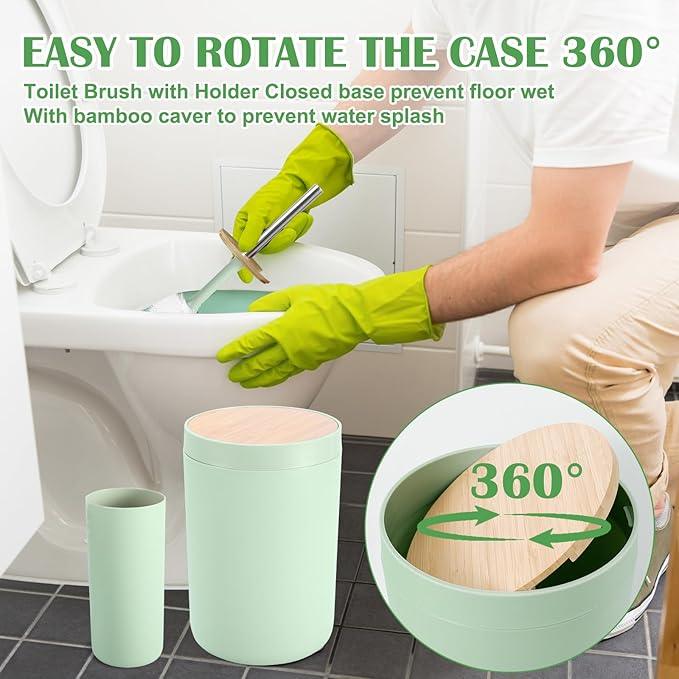 iMucci 9Pcs Pastel Green Bathroom Accessories Set - with Trash Can,Toilet Brush,Toothbrush Holder, Lotion Soap Dispenser, Soap Dish,Toothbrush Cup,Qtip Holder (Bamboo Cover) - ModernBath